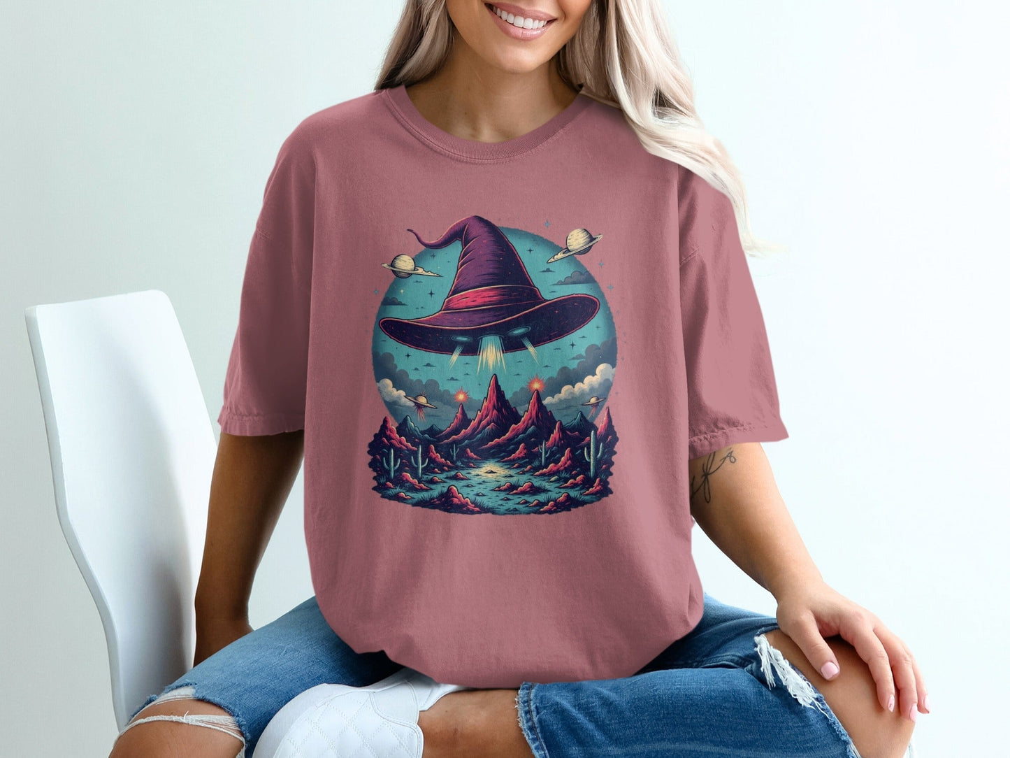 Flying Witch Hat UFO Desert Landscape Graphic Unisex T-Shirt - IconVexa