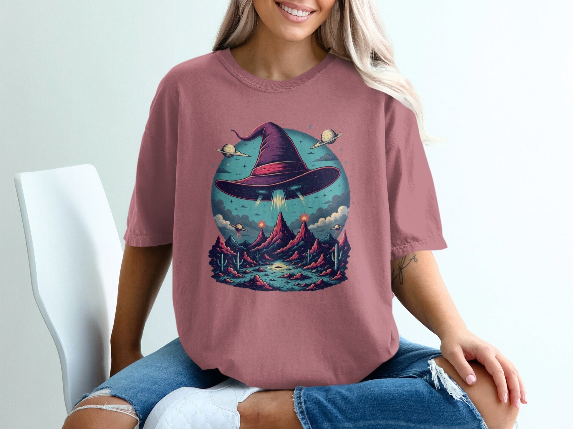 Flying Witch Hat UFO Desert Landscape Graphic Unisex T-Shirt - IconVexa