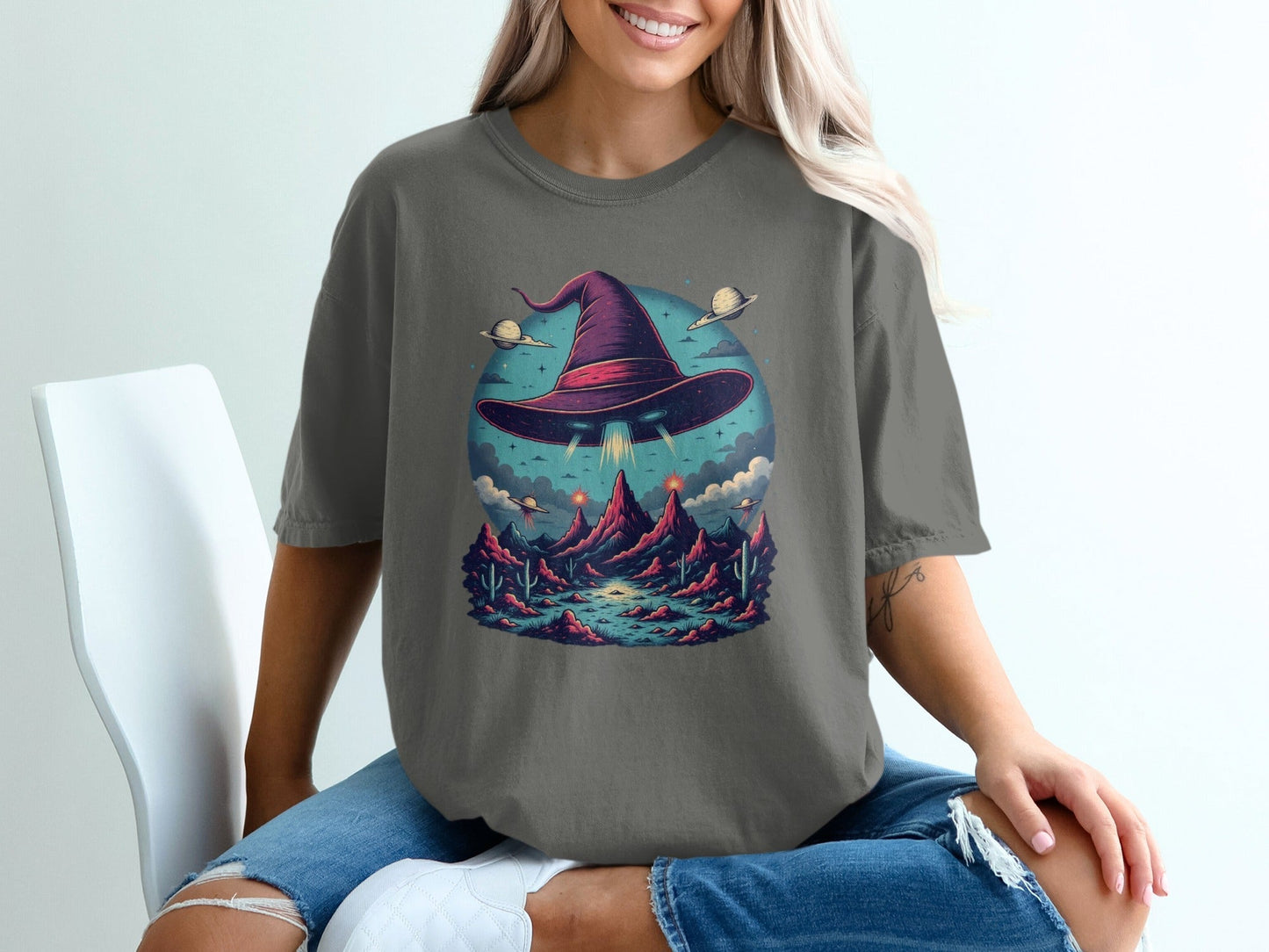 Flying Witch Hat UFO Desert Landscape Graphic Unisex T-Shirt - IconVexa