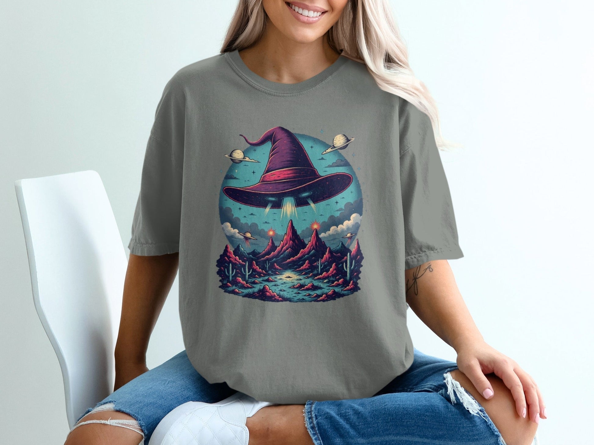 Flying Witch Hat UFO Desert Landscape Graphic Unisex T-Shirt - IconVexa