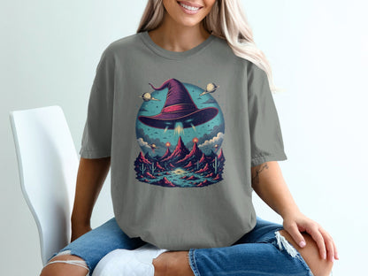 Flying Witch Hat UFO Desert Landscape Graphic Unisex T-Shirt - IconVexa
