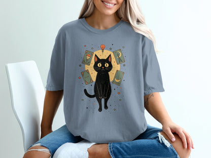 Fortune Teller Cat Tarot Cards Around It Illustration T-Shirt - IconVexa