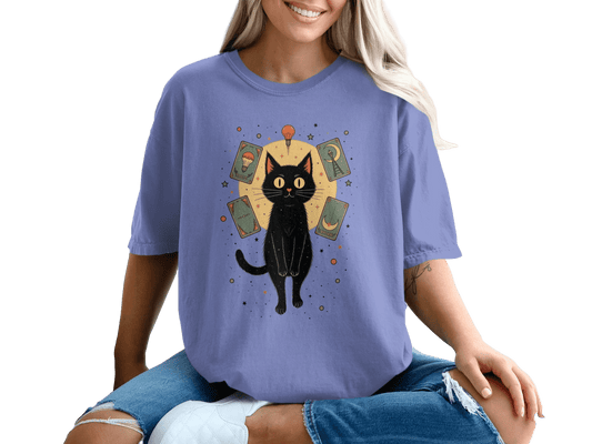 Fortune Teller Cat Tarot Cards Around It Illustration T-Shirt - IconVexa