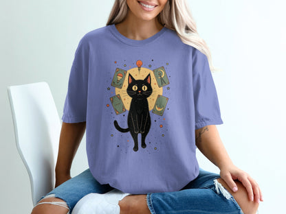 Fortune Teller Cat Tarot Cards Around It Illustration T-Shirt - IconVexa