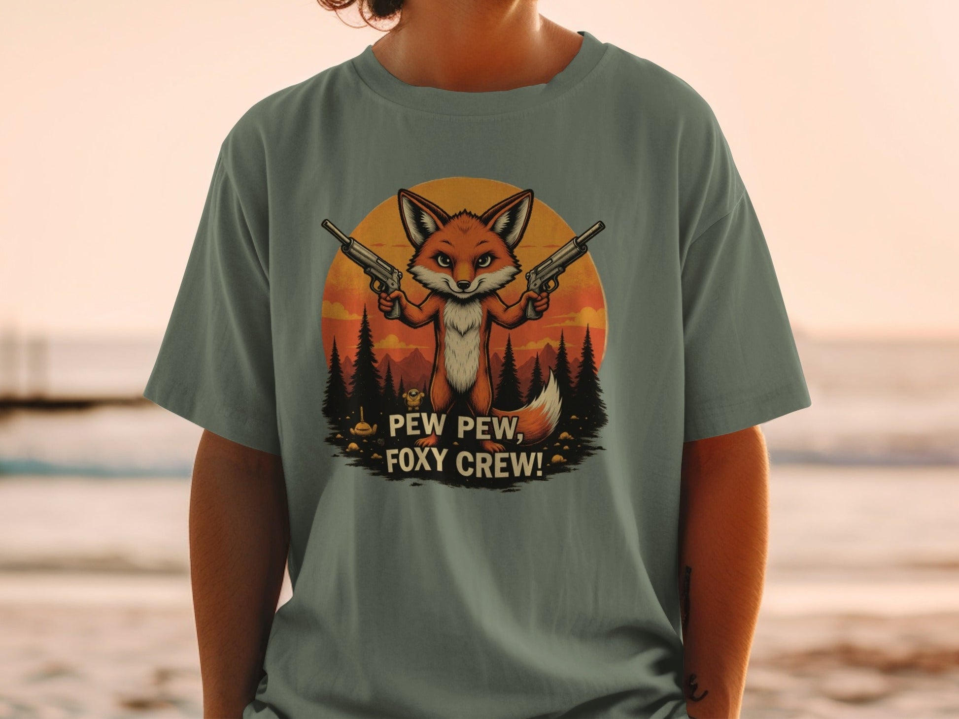 Foxy Crew T-Shirt, Pew Pew Shirt, Fox Shirt, Animal T-Shirt, Funny Tee Shirt, Graphic T-Shirt, Cartoon Fox Tee, Unisex T-Shirt - IconVexa