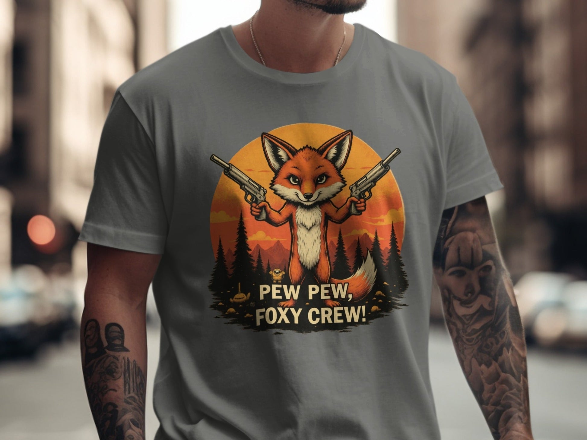 Foxy Crew T-Shirt, Pew Pew Shirt, Fox Shirt, Animal T-Shirt, Funny Tee Shirt, Graphic T-Shirt, Cartoon Fox Tee, Unisex T-Shirt - IconVexa