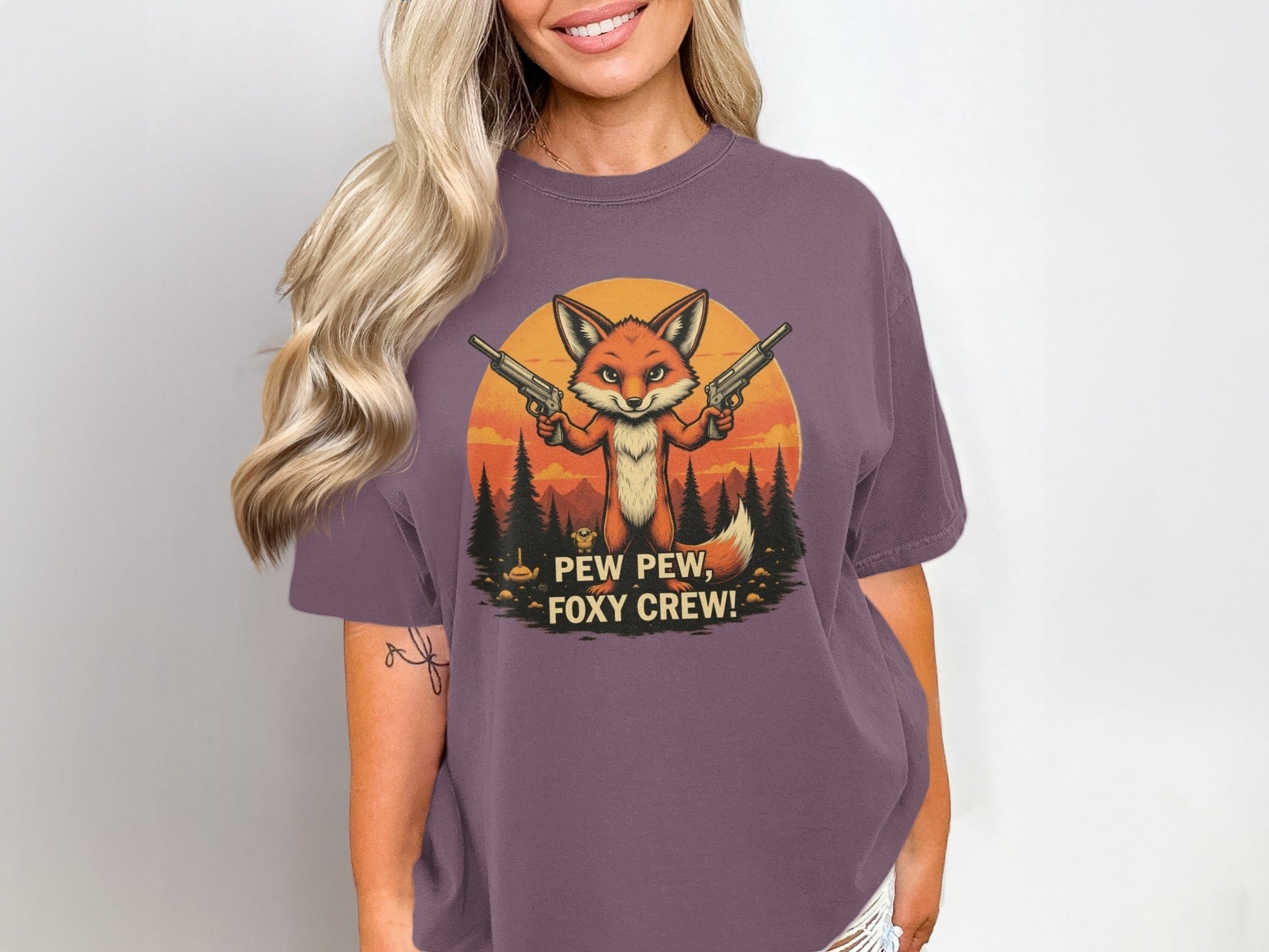 Foxy Crew T-Shirt, Pew Pew Shirt, Fox Shirt, Animal T-Shirt, Funny Tee Shirt, Graphic T-Shirt, Cartoon Fox Tee, Unisex T-Shirt - IconVexa