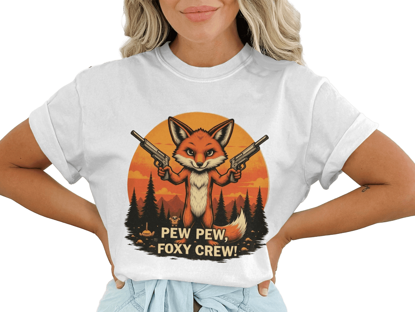 Foxy Crew T-Shirt, Pew Pew Shirt, Fox Shirt, Animal T-Shirt, Funny Tee Shirt, Graphic T-Shirt, Cartoon Fox Tee, Unisex T-Shirt - IconVexa