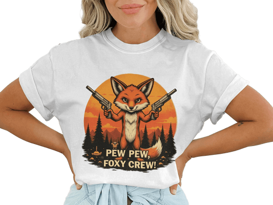 Foxy Crew T-Shirt, Pew Pew Shirt, Fox Shirt, Animal T-Shirt, Funny Tee Shirt, Graphic T-Shirt, Cartoon Fox Tee, Unisex T-Shirt - IconVexa