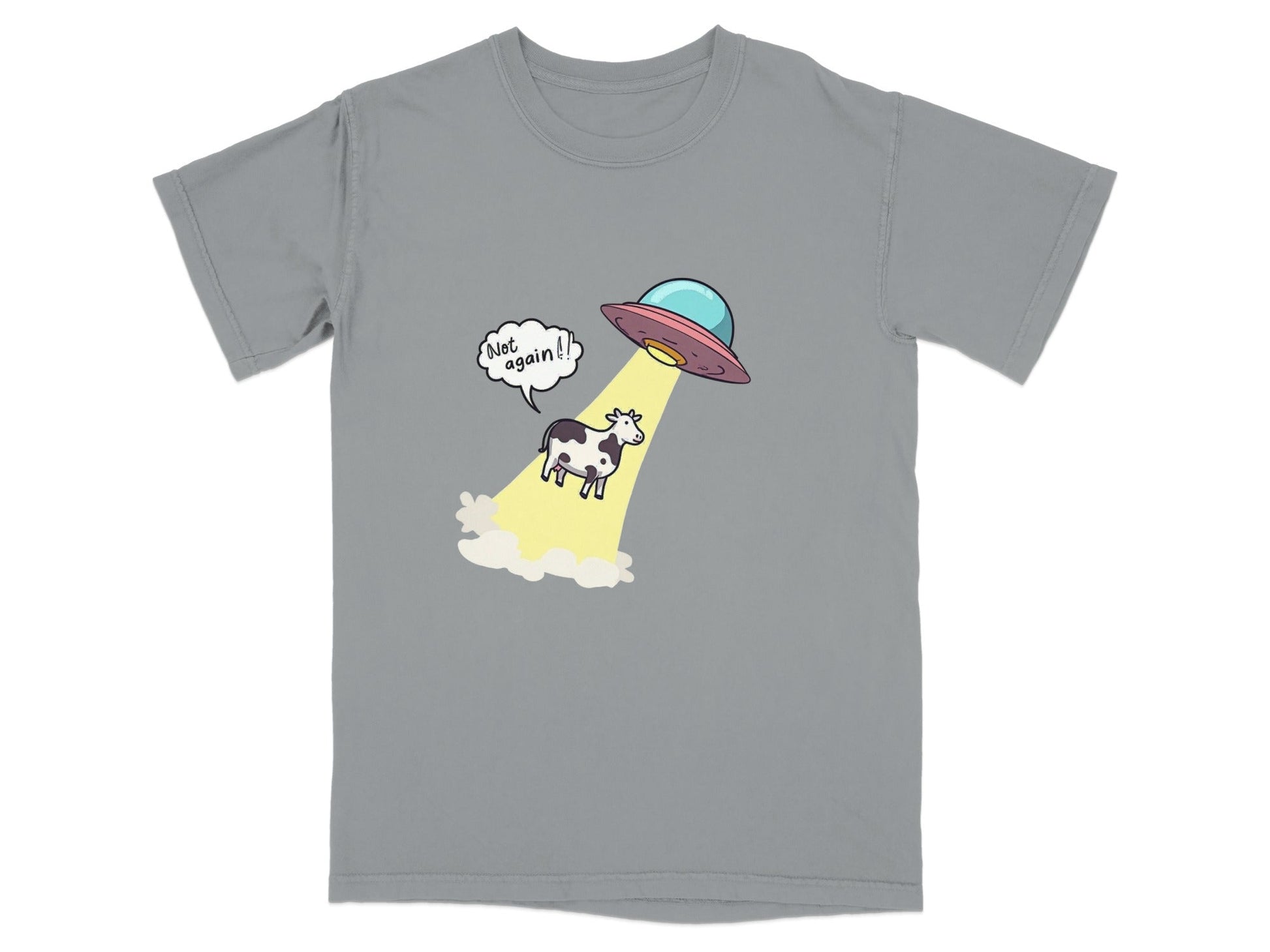 Funny cow abduction graphic tee with UFO and 'Not again!' text on medium gray t-shirt.