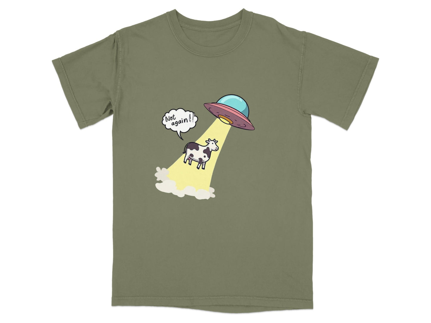 Funny t-shirt featuring cow being beamed up by UFO with text 'Not Again!', ideal for UFO enthusiasts.