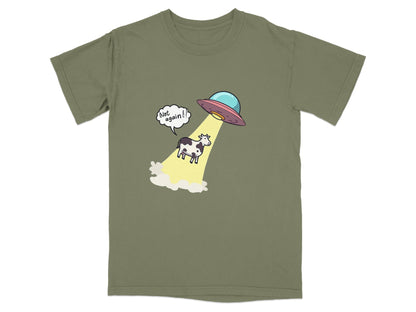 Funny t-shirt featuring cow being beamed up by UFO with text 'Not Again!', ideal for UFO enthusiasts.