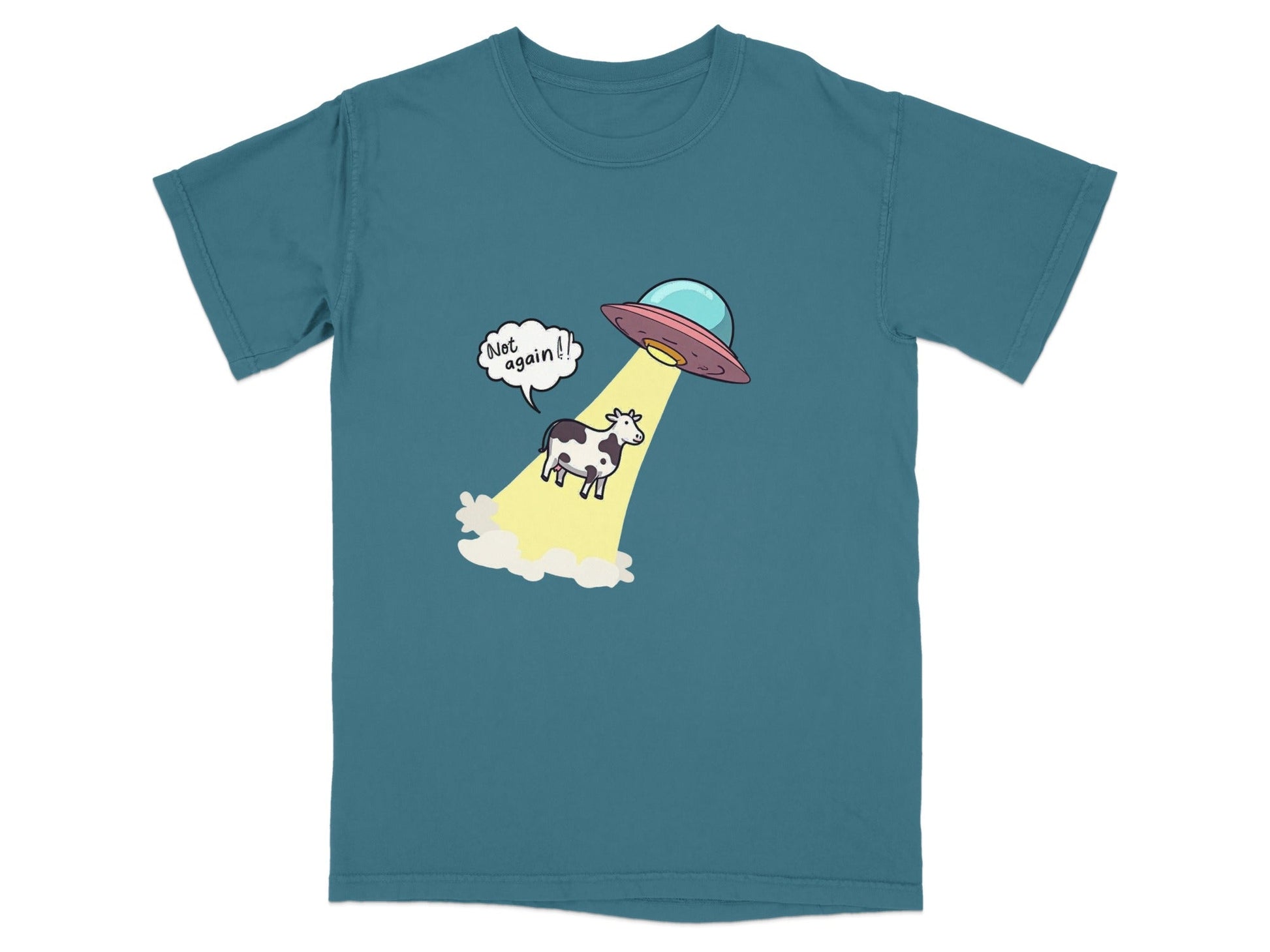 Funny alien abduction t-shirt with cow and UFO graphic saying 'Not again!'. Perfect gift for UFO enthusiasts.