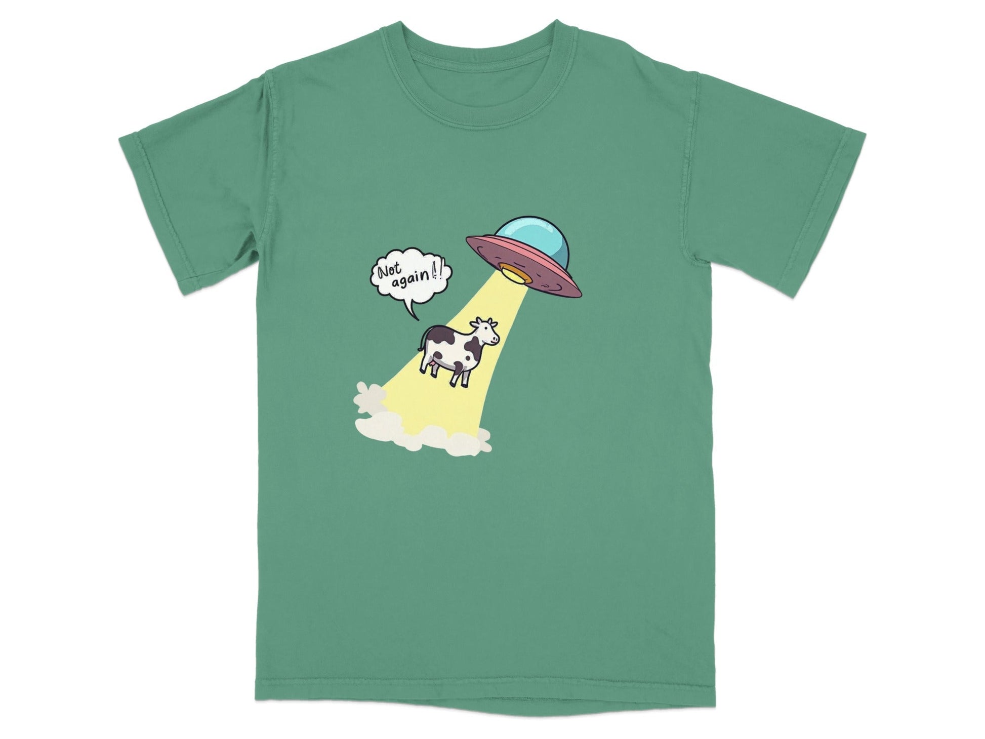 Funny cow abduction graphic design t-shirt featuring UFO and the phrase "Not Again!"