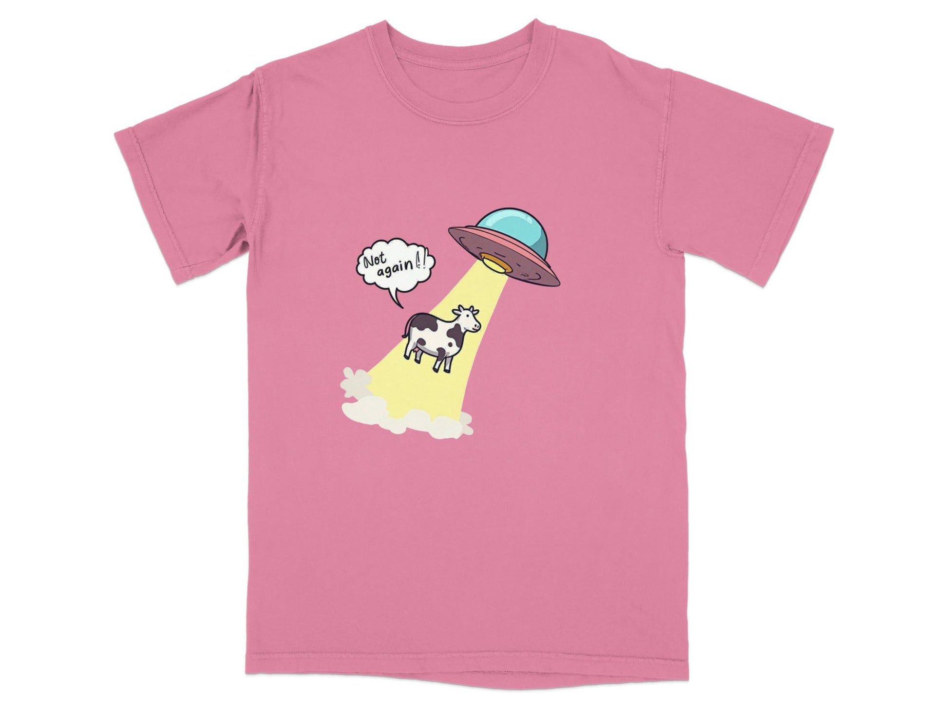 Funny alien abduction graphic t-shirt featuring a cow and UFO with the text 'Not Again!' in a playful design.
