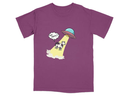 Funny alien abduction t-shirt featuring a cow being beamed up by a UFO with the text 'Not again!'