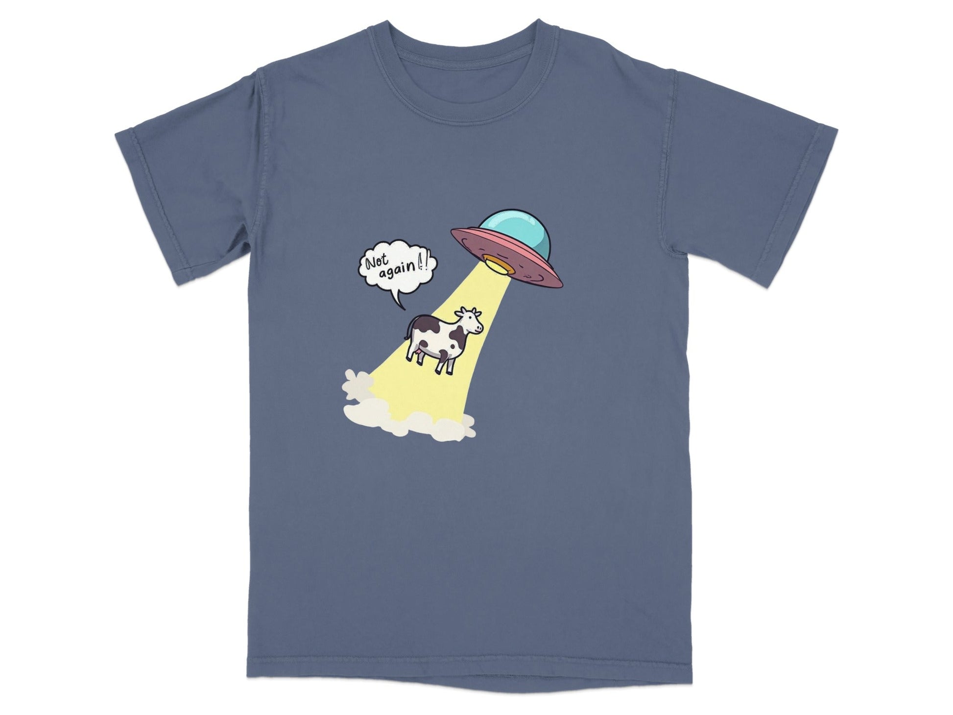 Funny cow abduction graphic t-shirt featuring a UFO and the phrase 'Not Again!'