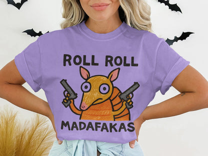 Funny Armadillo T Shirt, Roll Roll Madafakas Tee, Animal T Shirt, Cartoon Armadillo Shirt, Novelty T Shirt, Graphic Tee, Unisex T Shirt - IconVexa
