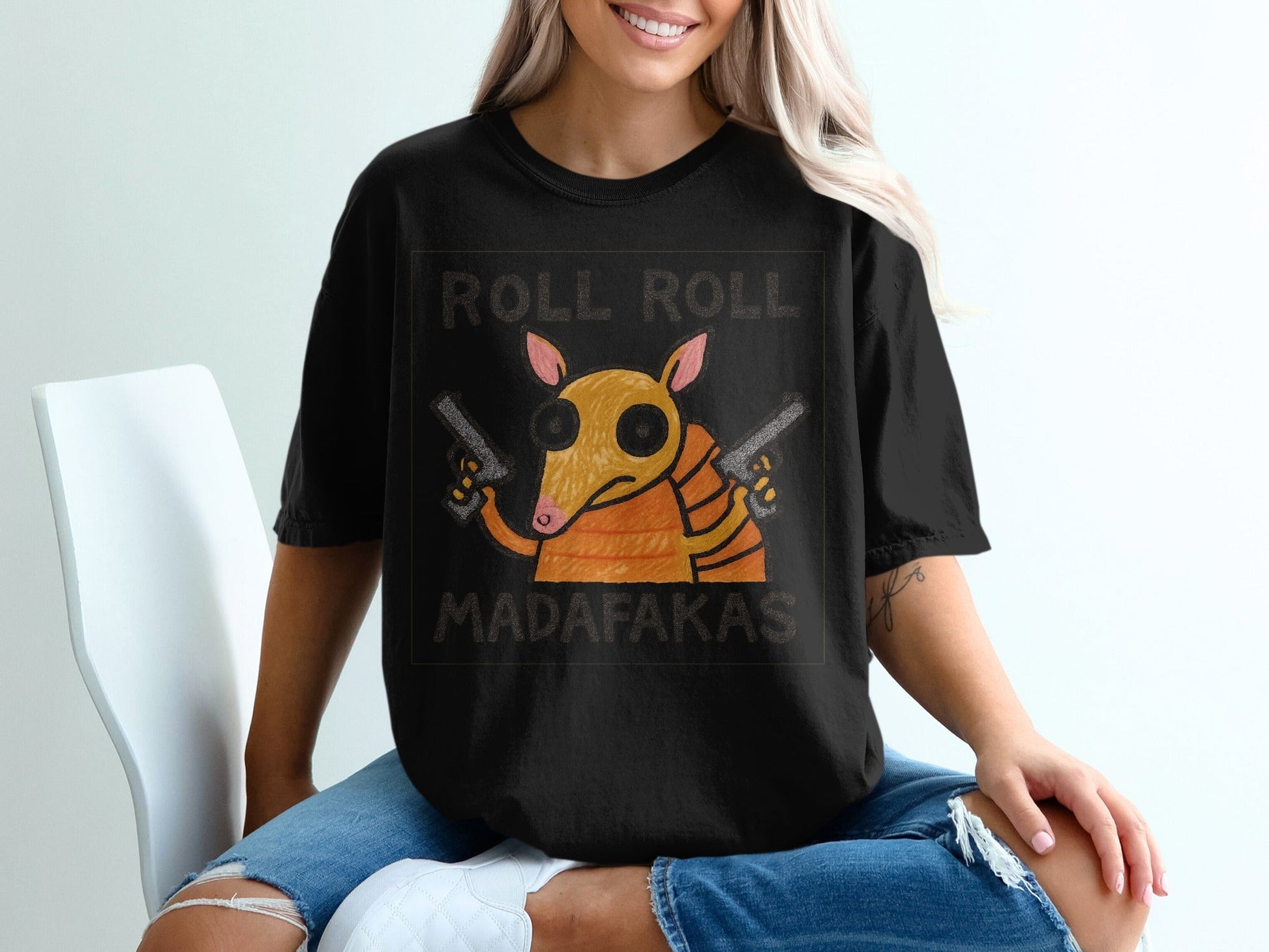 Funny Armadillo T Shirt, Roll Roll Madafakas Tee, Animal T Shirt, Cartoon Armadillo Shirt, Novelty T Shirt, Graphic Tee, Unisex T Shirt - IconVexa