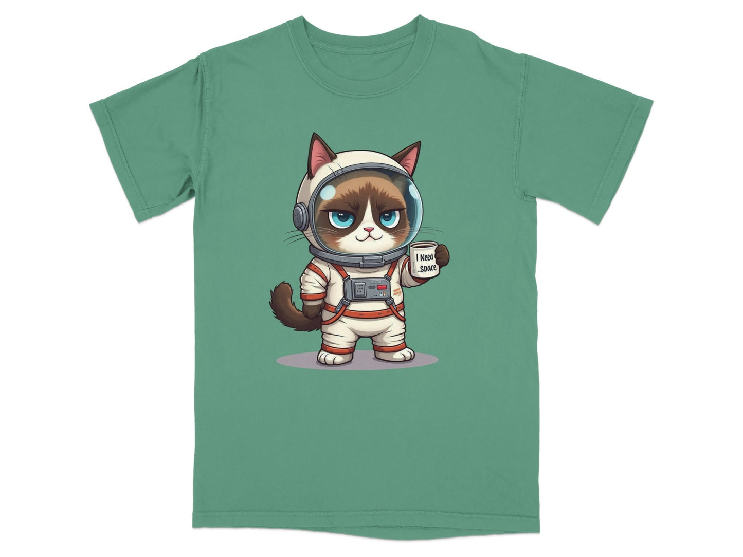 Funny astronaut cat graphic on a cool unisex t-shirt, perfect for cat and space lovers.