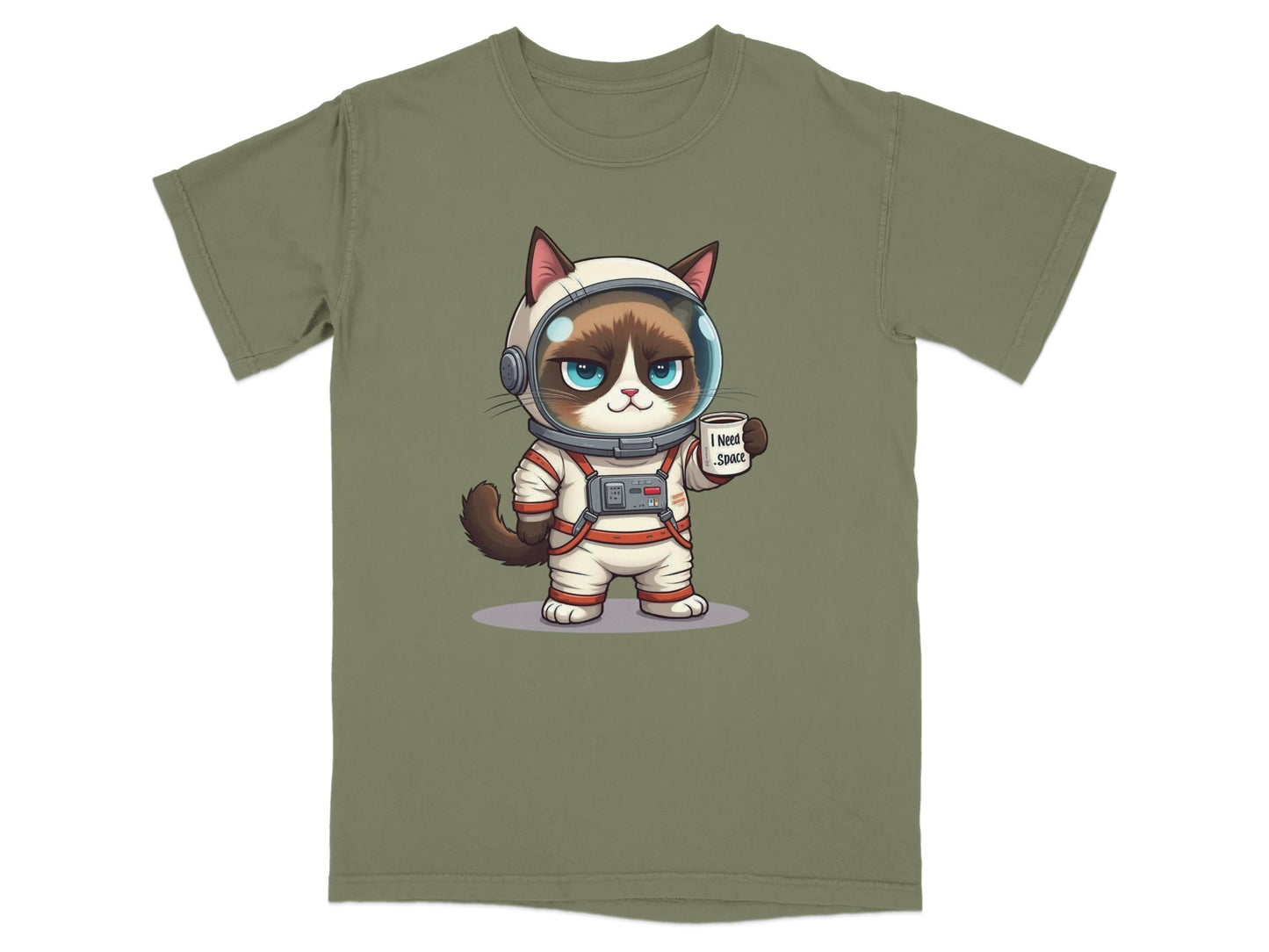 Funny astronaut cat graphic on a relaxed-fit unisex T-shirt, perfect for cat and space lovers.