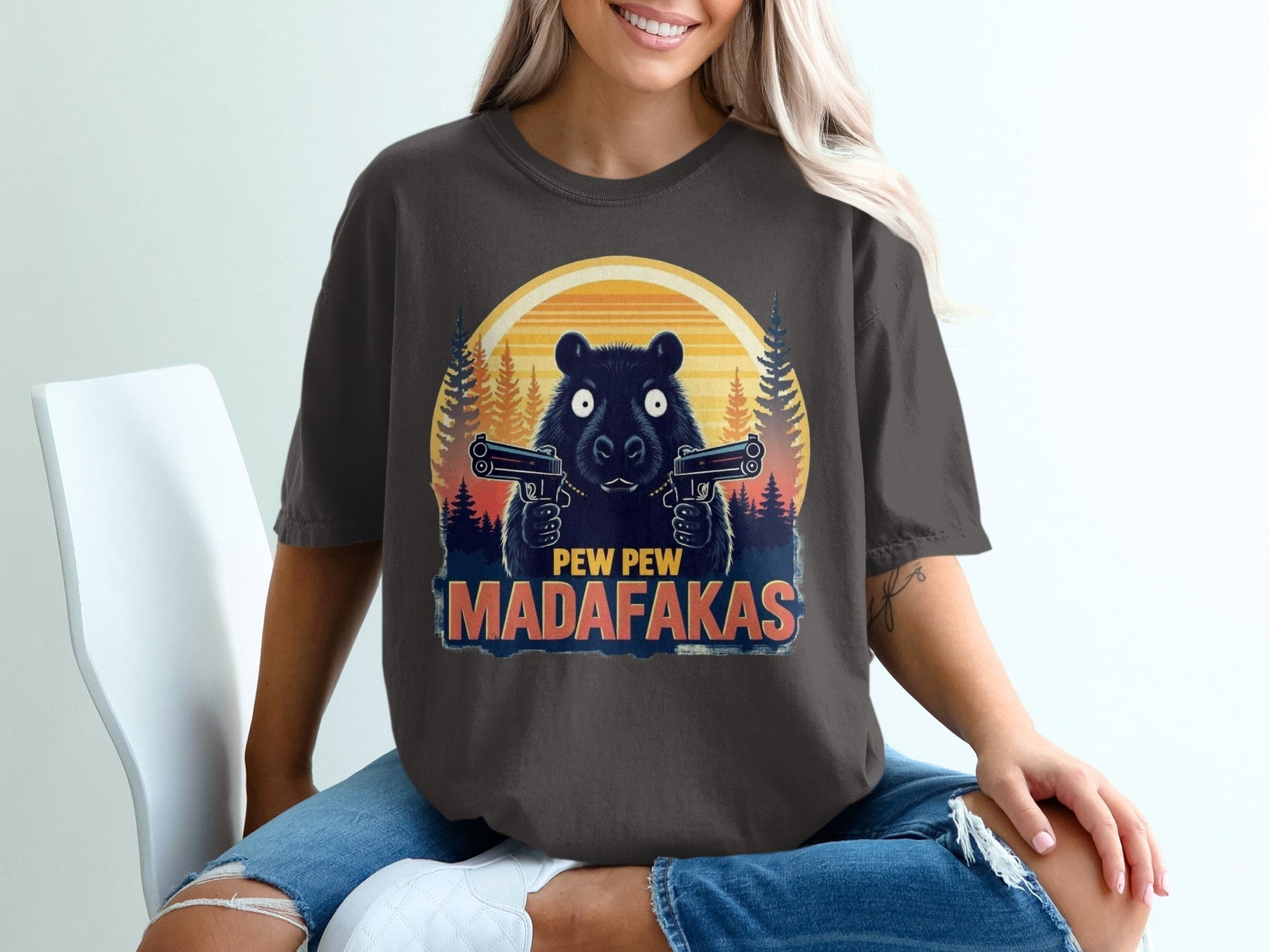 Funny Bear T-Shirt, Pew Pew Madafakas Tee, Animal Graphic Shirt, Trendy Meme Shirt, Humorous Bear with Guns Tee, Unique Design T-Shirt - IconVexa