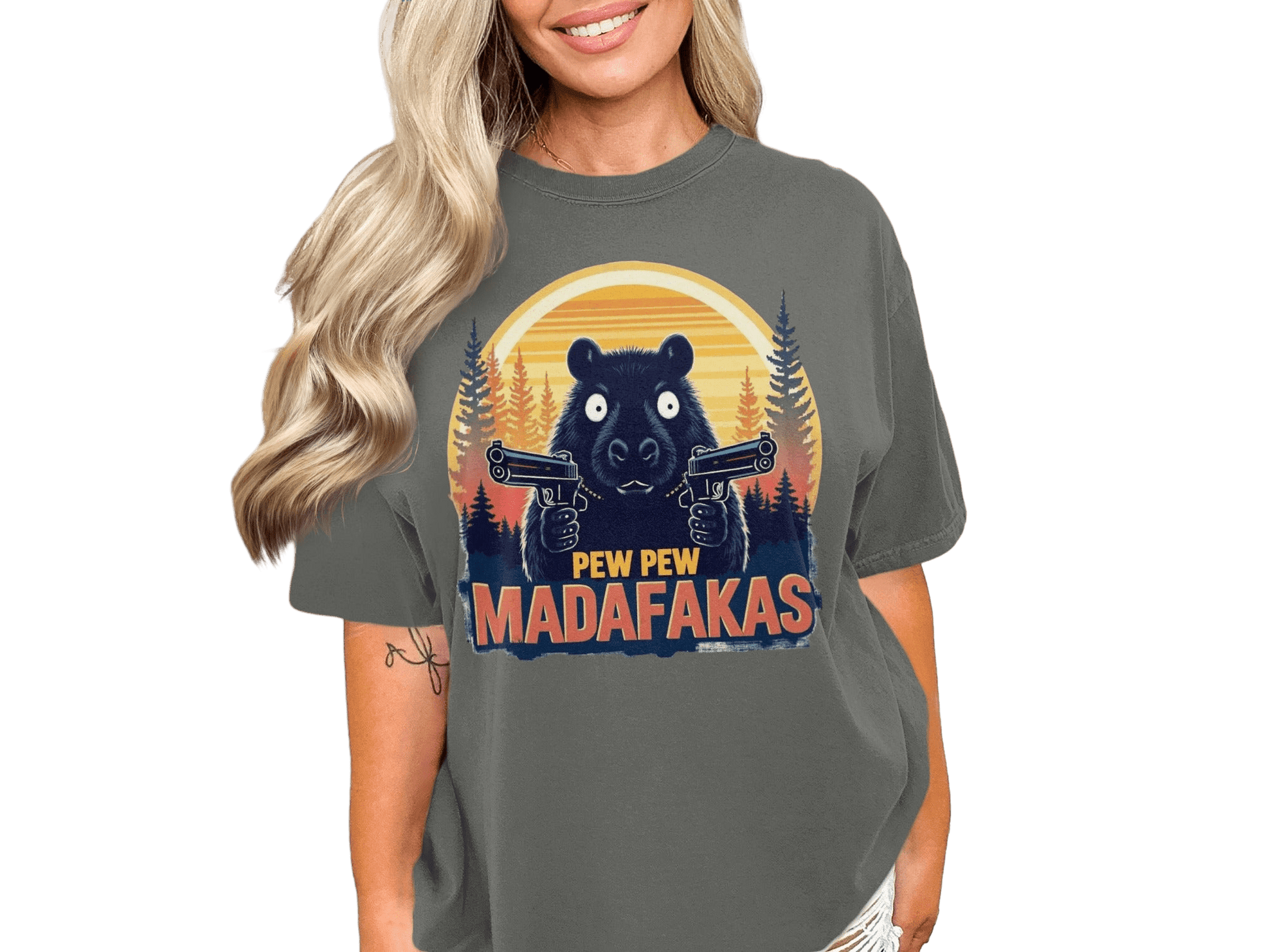 Funny Bear T-Shirt, Pew Pew Madafakas Tee, Animal Graphic Shirt, Trendy Meme Shirt, Humorous Bear with Guns Tee, Unique Design T-Shirt - IconVexa