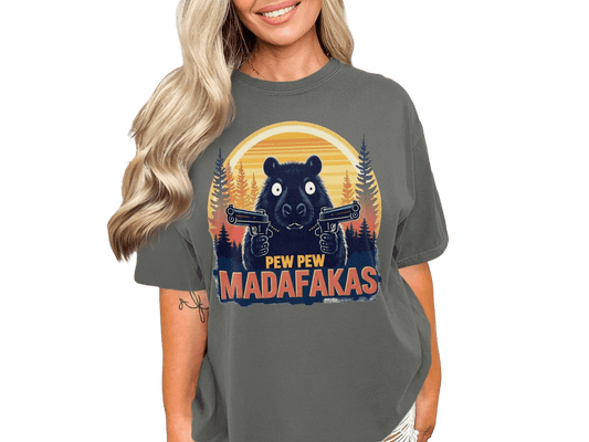 Funny Bear T-Shirt, Pew Pew Madafakas Tee, Animal Graphic Shirt, Trendy Meme Shirt, Humorous Bear with Guns Tee, Unique Design T-Shirt - IconVexa