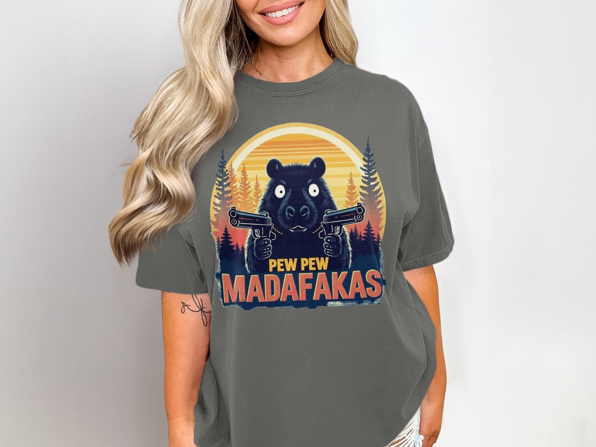 Funny Bear T-Shirt, Pew Pew Madafakas Tee, Animal Graphic Shirt, Trendy Meme Shirt, Humorous Bear with Guns Tee, Unique Design T-Shirt - IconVexa