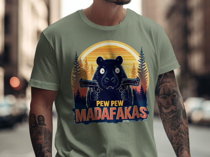 Funny Bear T-Shirt, Pew Pew Madafakas Tee, Animal Graphic Shirt, Trendy Meme Shirt, Humorous Bear with Guns Tee, Unique Design T-Shirt - IconVexa