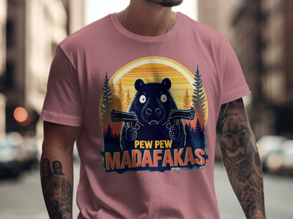 Funny Bear T-Shirt, Pew Pew Madafakas Tee, Animal Graphic Shirt, Trendy Meme Shirt, Humorous Bear with Guns Tee, Unique Design T-Shirt - IconVexa