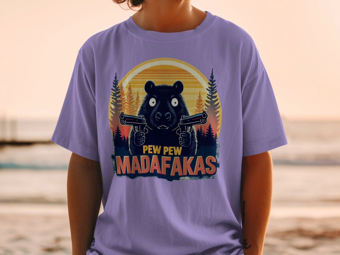 Funny Bear T-Shirt, Pew Pew Madafakas Tee, Animal Graphic Shirt, Trendy Meme Shirt, Humorous Bear with Guns Tee, Unique Design T-Shirt - IconVexa