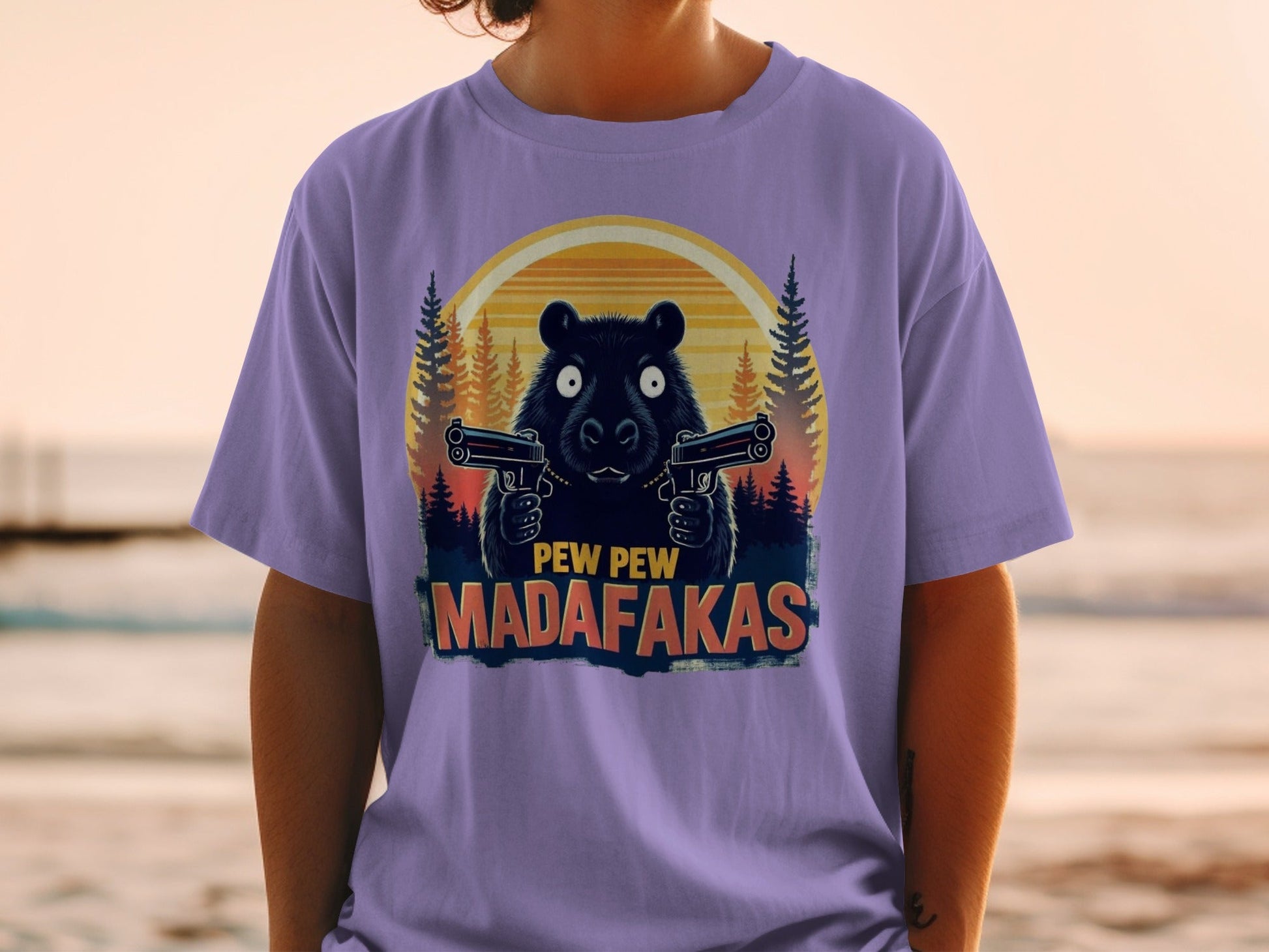 Funny Bear T-Shirt, Pew Pew Madafakas Tee, Animal Graphic Shirt, Trendy Meme Shirt, Humorous Bear with Guns Tee, Unique Design T-Shirt - IconVexa