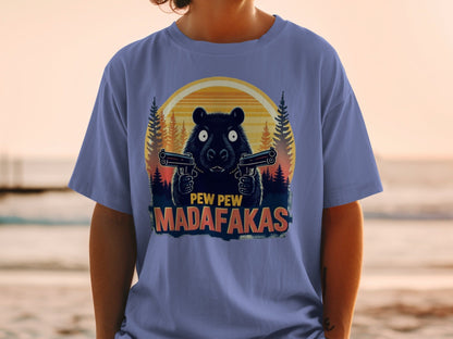 Funny Bear T-Shirt, Pew Pew Madafakas Tee, Animal Graphic Shirt, Trendy Meme Shirt, Humorous Bear with Guns Tee, Unique Design T-Shirt - IconVexa