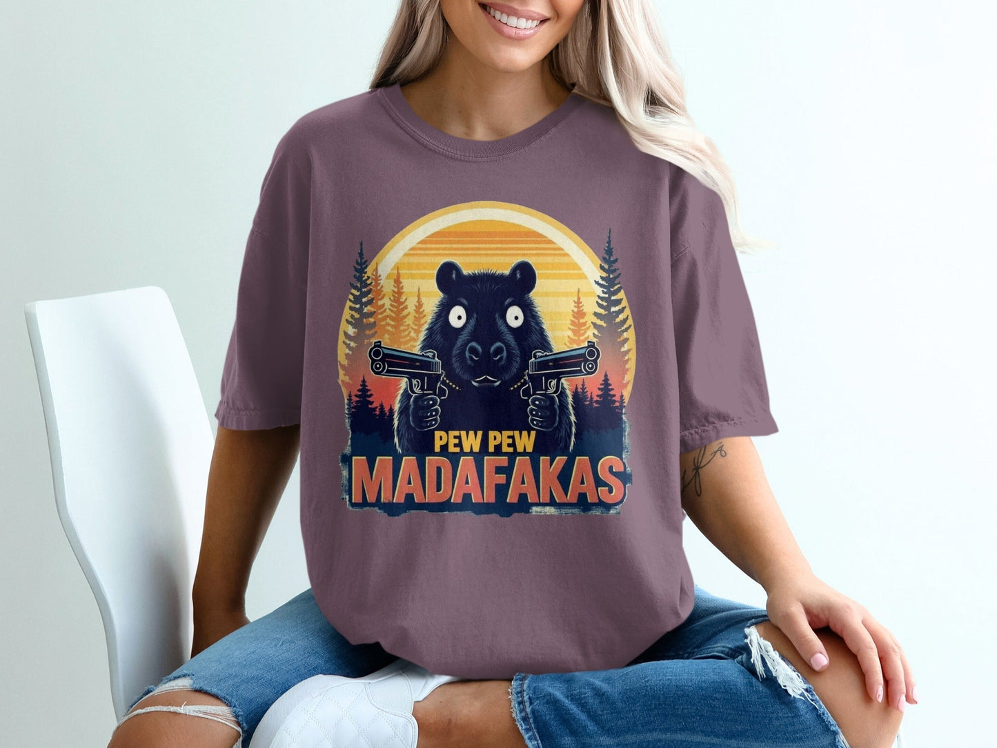 Funny Bear T-Shirt, Pew Pew Madafakas Tee, Animal Graphic Shirt, Trendy Meme Shirt, Humorous Bear with Guns Tee, Unique Design T-Shirt - IconVexa