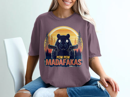 Funny Bear T-Shirt, Pew Pew Madafakas Tee, Animal Graphic Shirt, Trendy Meme Shirt, Humorous Bear with Guns Tee, Unique Design T-Shirt - IconVexa