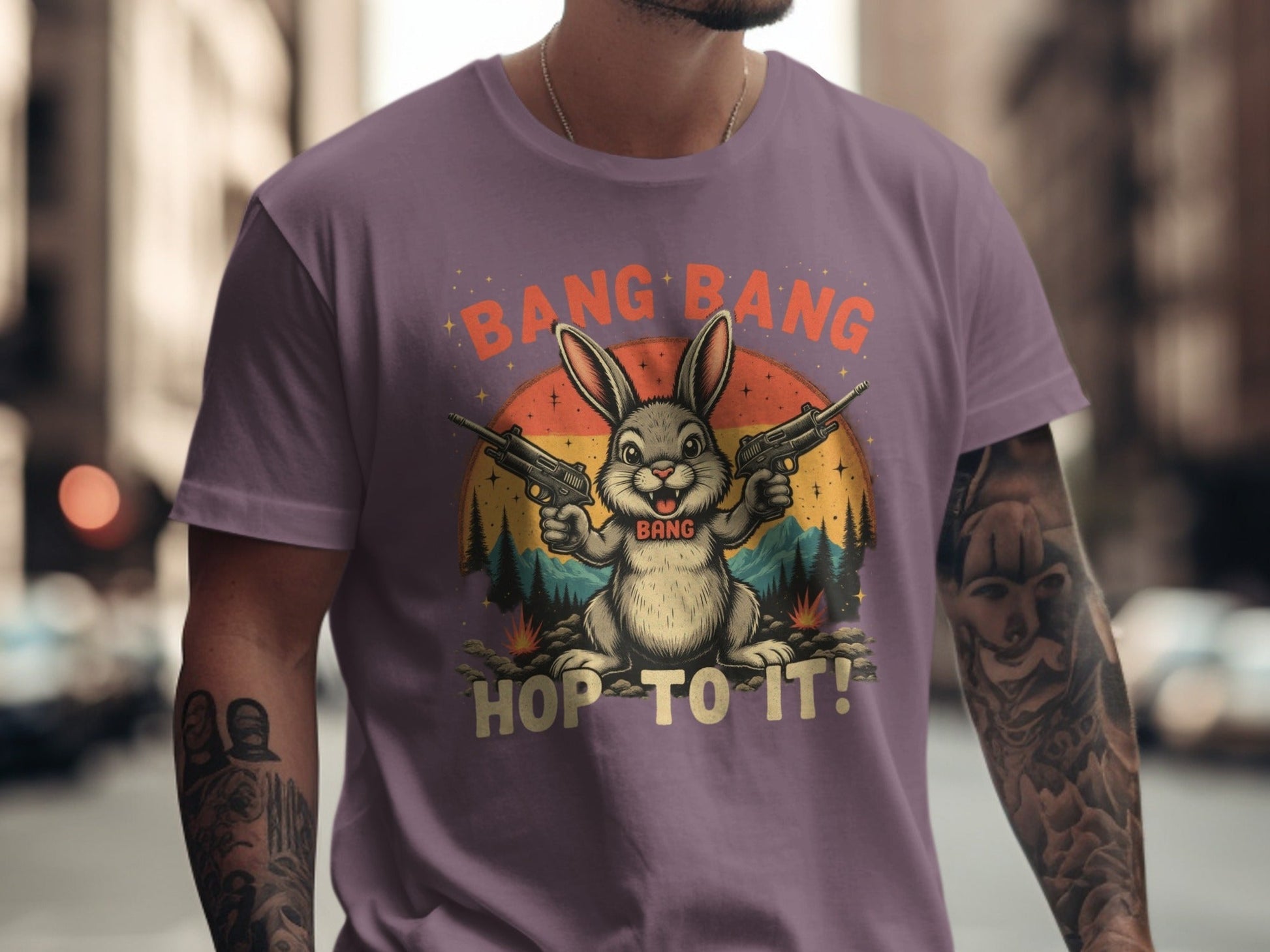 Funny Bunny T-Shirt, Bang Bang T-Shirt, Hop To It Tee, Rabbit with Guns Shirt, Novelty Bunny Tee, Unique Animal Shirt, Cool Graphic Tee - IconVexa