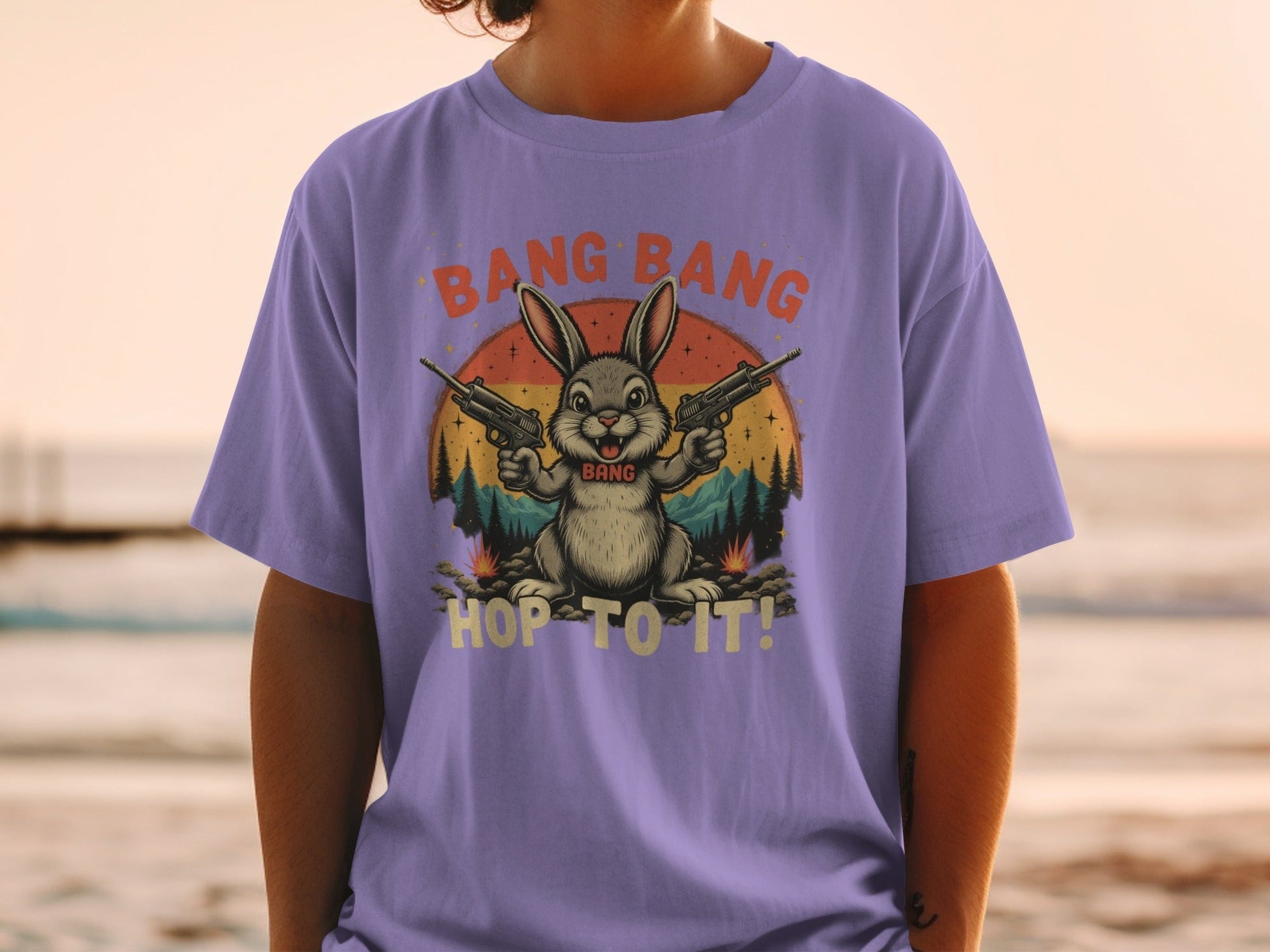 Funny Bunny T-Shirt, Bang Bang T-Shirt, Hop To It Tee, Rabbit with Guns Shirt, Novelty Bunny Tee, Unique Animal Shirt, Cool Graphic Tee - IconVexa