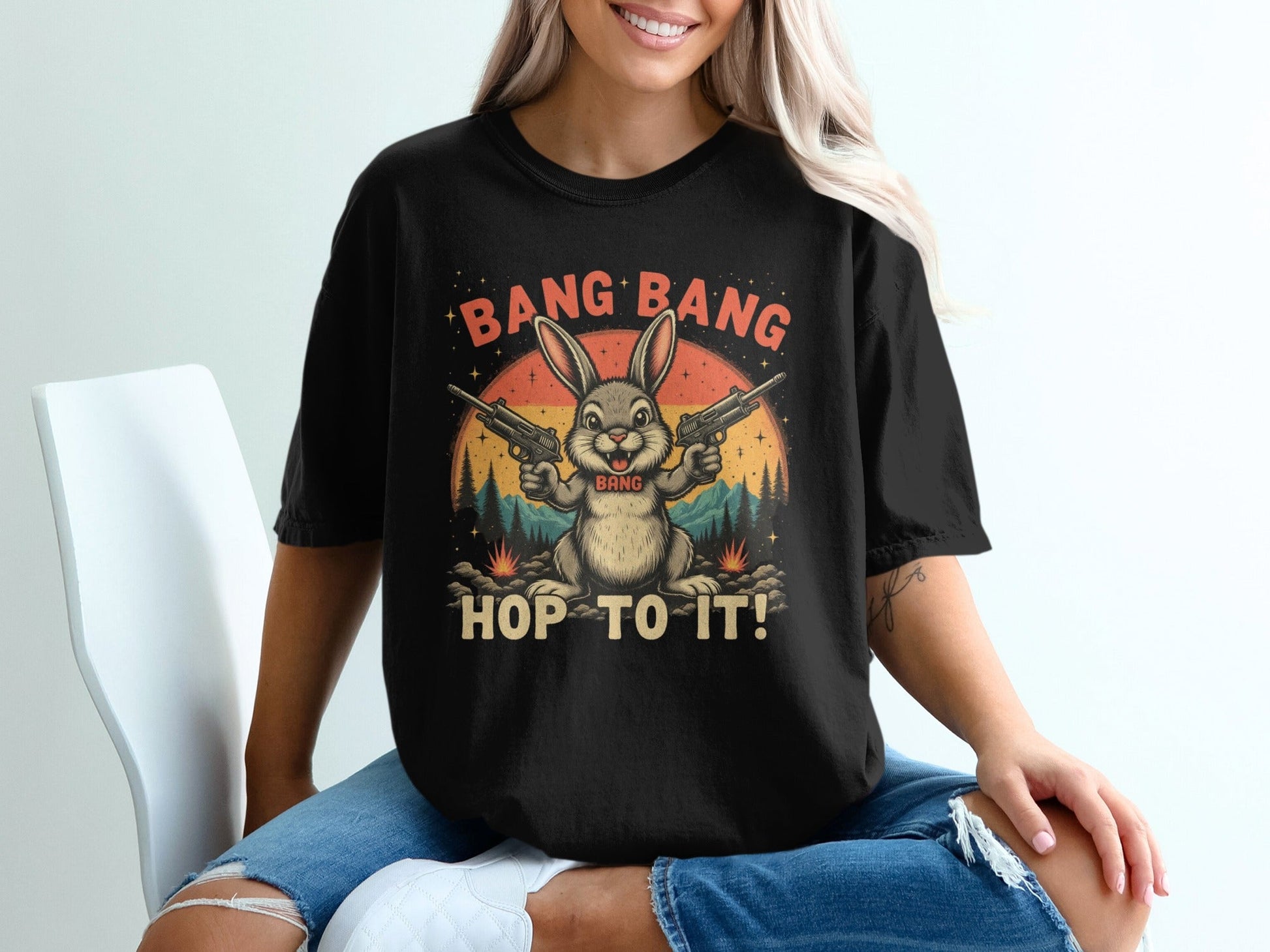 Funny Bunny T-Shirt, Bang Bang T-Shirt, Hop To It Tee, Rabbit with Guns Shirt, Novelty Bunny Tee, Unique Animal Shirt, Cool Graphic Tee - IconVexa