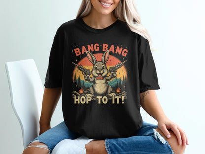 Funny Bunny T-Shirt, Bang Bang T-Shirt, Hop To It Tee, Rabbit with Guns Shirt, Novelty Bunny Tee, Unique Animal Shirt, Cool Graphic Tee - IconVexa