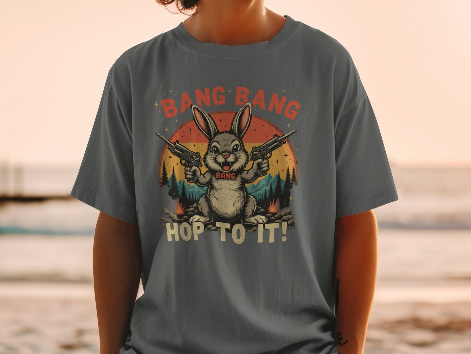 Funny Bunny T-Shirt, Bang Bang T-Shirt, Hop To It Tee, Rabbit with Guns Shirt, Novelty Bunny Tee, Unique Animal Shirt, Cool Graphic Tee - IconVexa