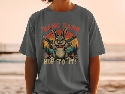 Funny Bunny T-Shirt, Bang Bang T-Shirt, Hop To It Tee, Rabbit with Guns Shirt, Novelty Bunny Tee, Unique Animal Shirt, Cool Graphic Tee - IconVexa