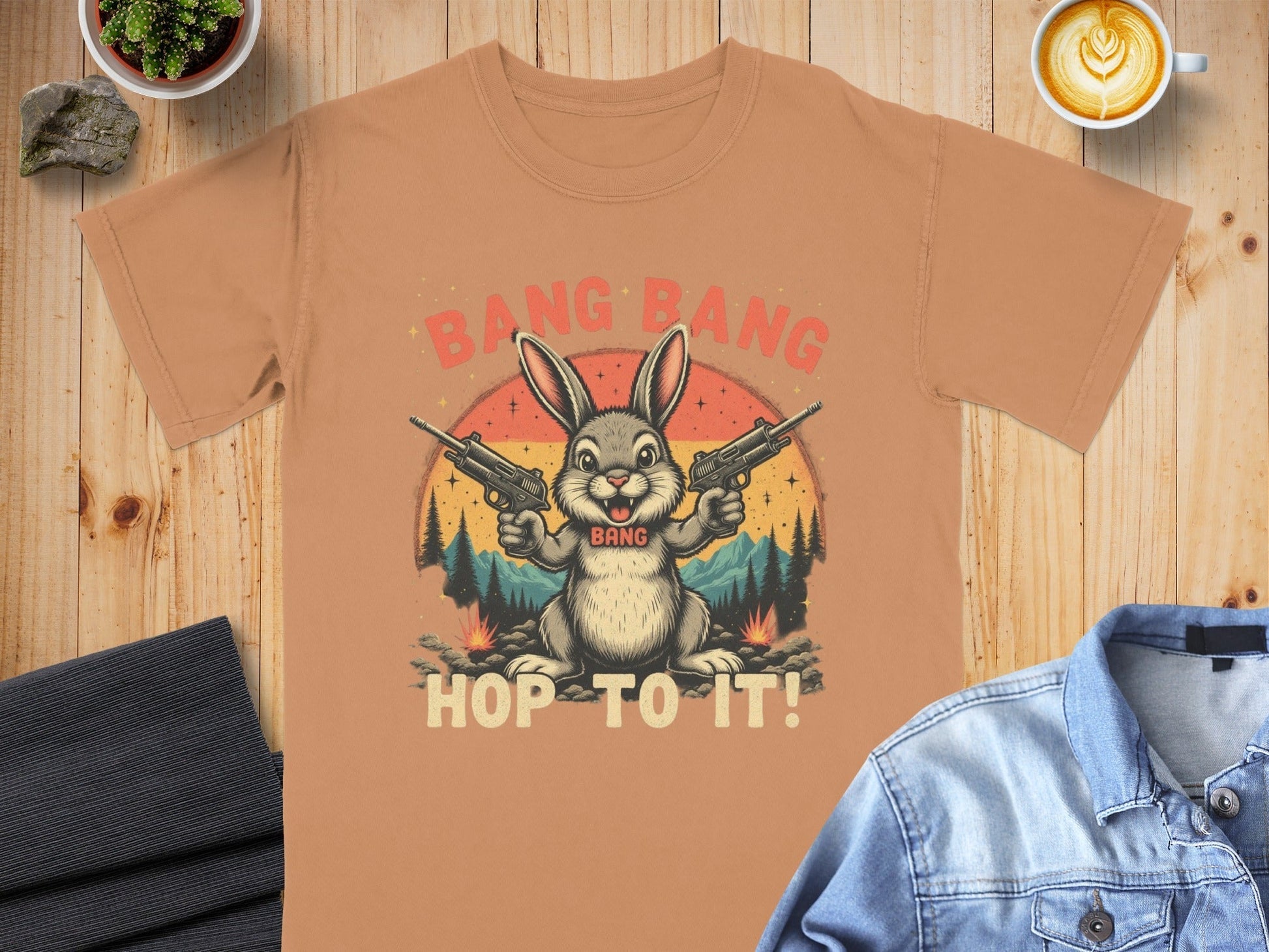 Funny Bunny T-Shirt, Bang Bang T-Shirt, Hop To It Tee, Rabbit with Guns Shirt, Novelty Bunny Tee, Unique Animal Shirt, Cool Graphic Tee - IconVexa