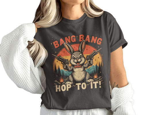 Funny Bunny T-Shirt, Bang Bang T-Shirt, Hop To It Tee, Rabbit with Guns Shirt, Novelty Bunny Tee, Unique Animal Shirt, Cool Graphic Tee - IconVexa
