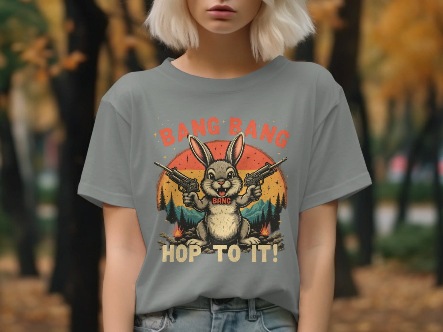 Funny Bunny T-Shirt, Bang Bang T-Shirt, Hop To It Tee, Rabbit with Guns Shirt, Novelty Bunny Tee, Unique Animal Shirt, Cool Graphic Tee - IconVexa
