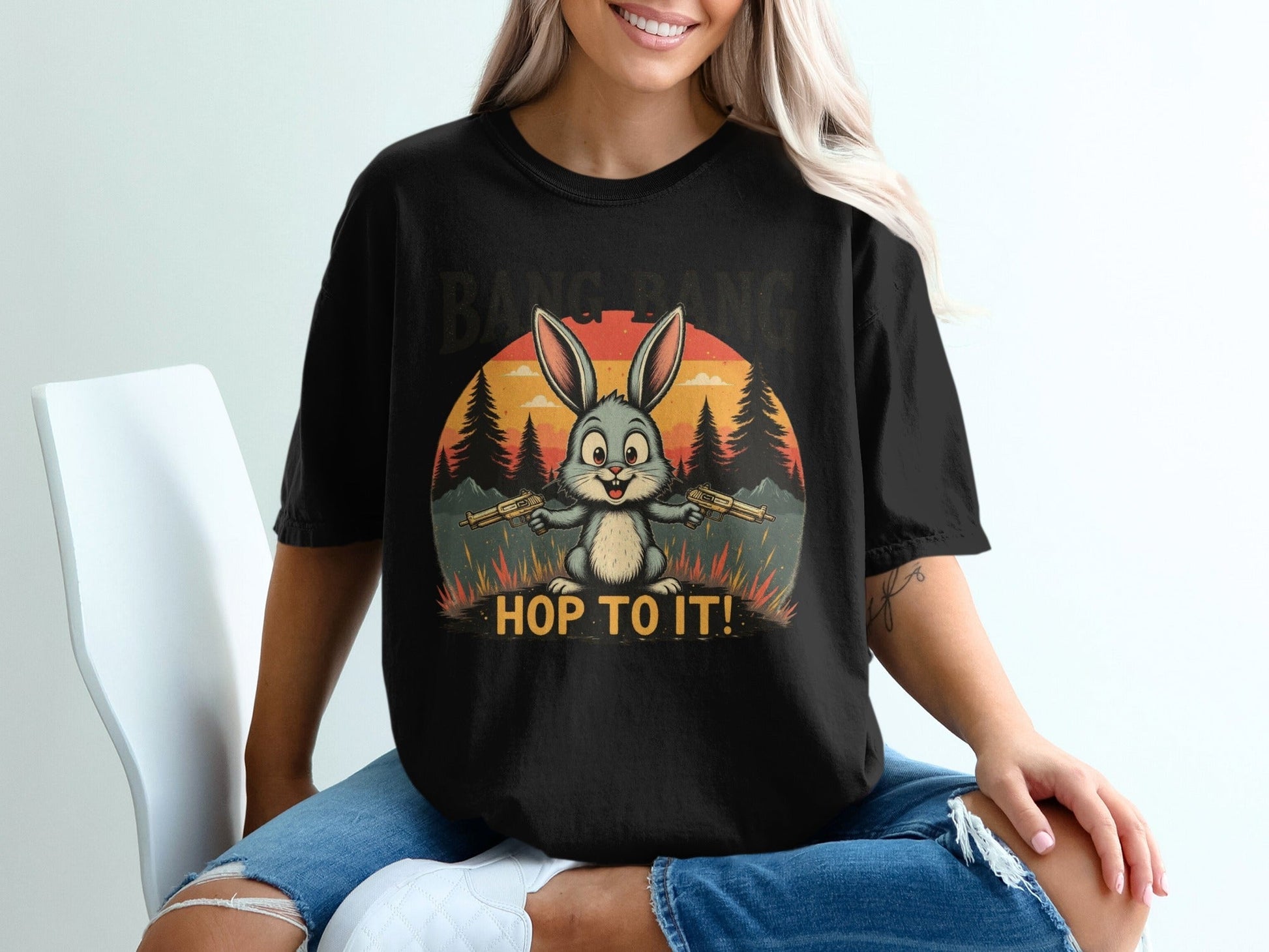 Funny Bunny T Shirt, Bang Bang Tee, Rabbit Lover Shirt, Easter Gift Shirt, Bunny with Guns T Shirt, Hop To It Shirt, Animal Lover Tee - IconVexa