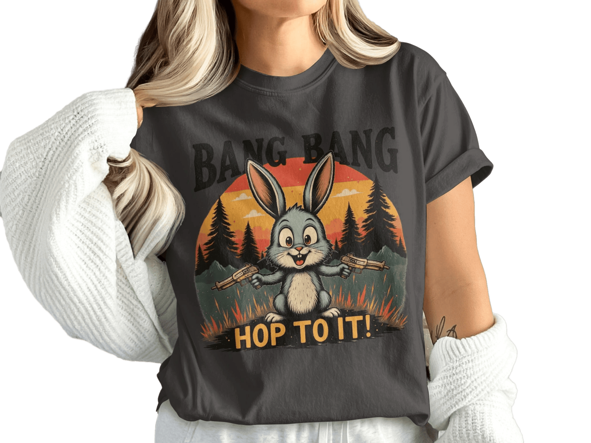Funny Bunny T Shirt, Bang Bang Tee, Rabbit Lover Shirt, Easter Gift Shirt, Bunny with Guns T Shirt, Hop To It Shirt, Animal Lover Tee - IconVexa