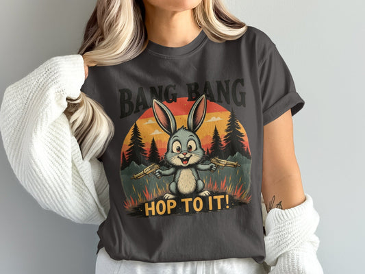 Funny Bunny T Shirt, Bang Bang Tee, Rabbit Lover Shirt, Easter Gift Shirt, Bunny with Guns T Shirt, Hop To It Shirt, Animal Lover Tee - IconVexa