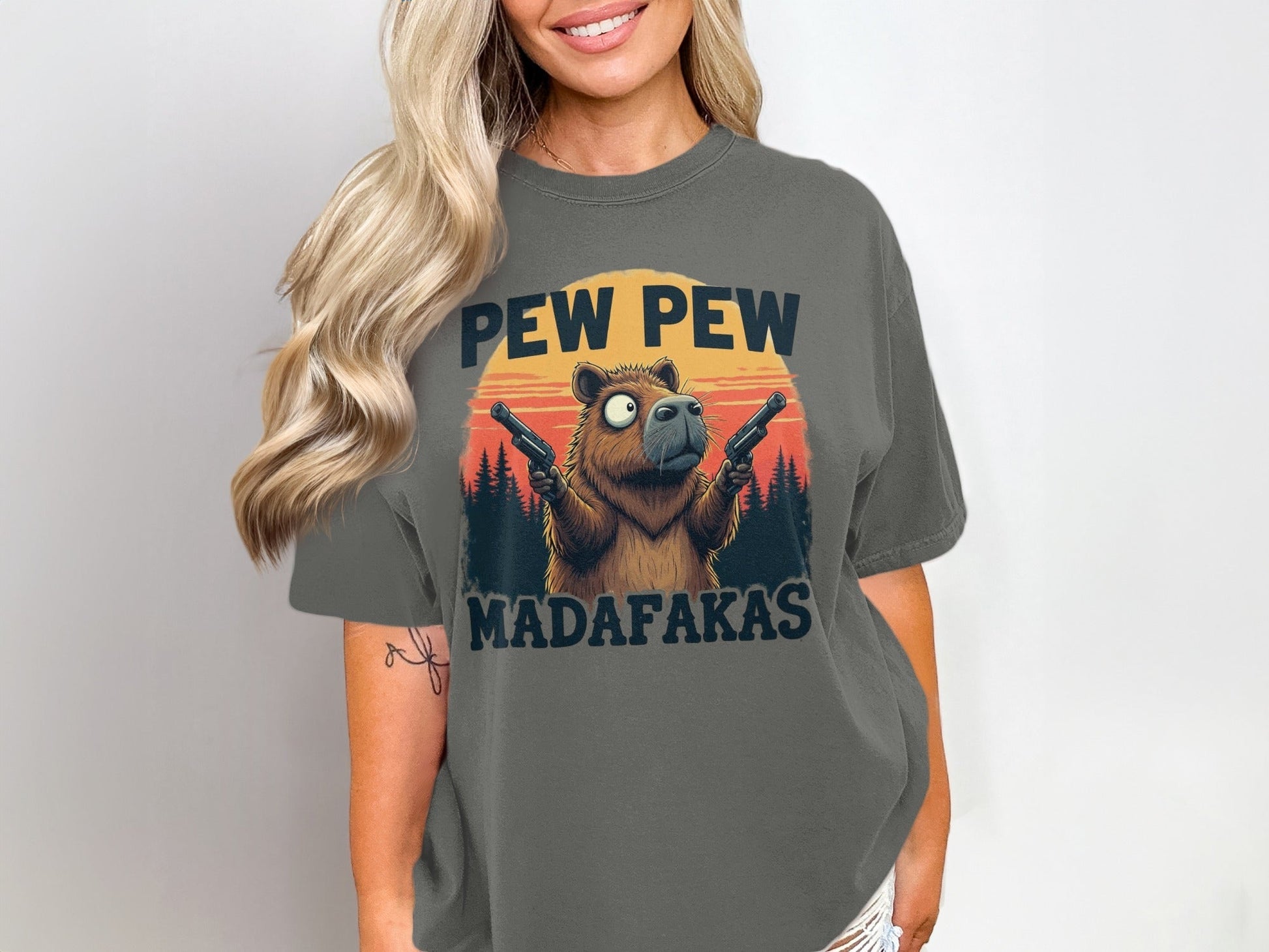 Funny Capybara T-Shirt, Pew Pew Madafakas Tee, Cute Rodent Shirt, Unique Animal Graphic, Trendy Novelty Apparel, Gift Idea for Her Him - IconVexa