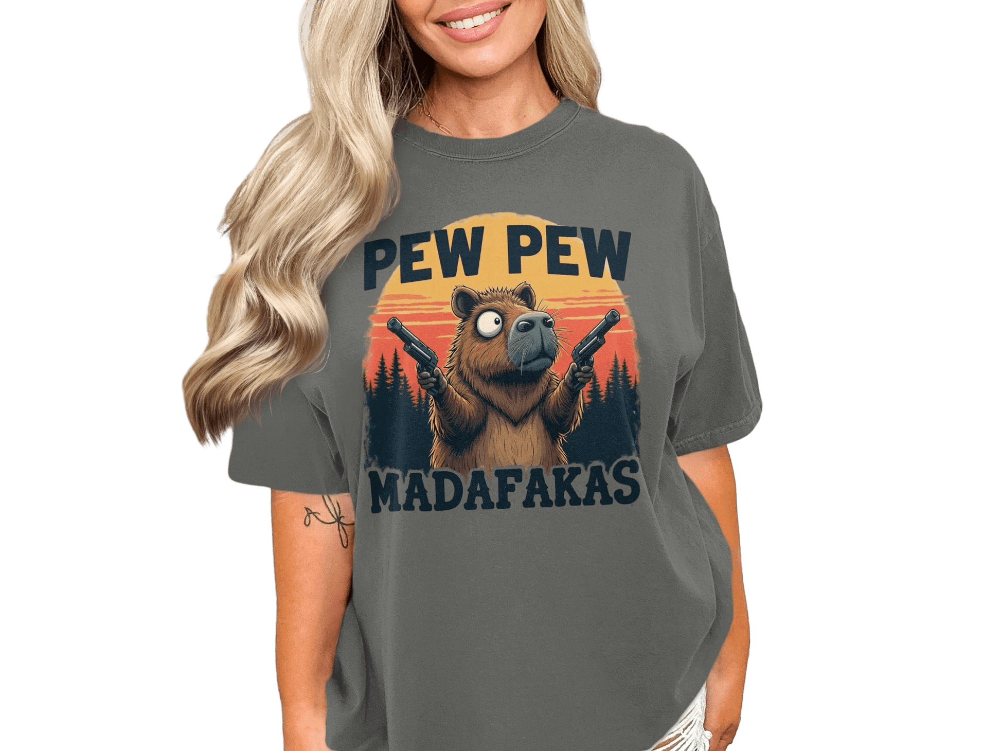 Funny Capybara T-Shirt, Pew Pew Madafakas Tee, Cute Rodent Shirt, Unique Animal Graphic, Trendy Novelty Apparel, Gift Idea for Her Him - IconVexa
